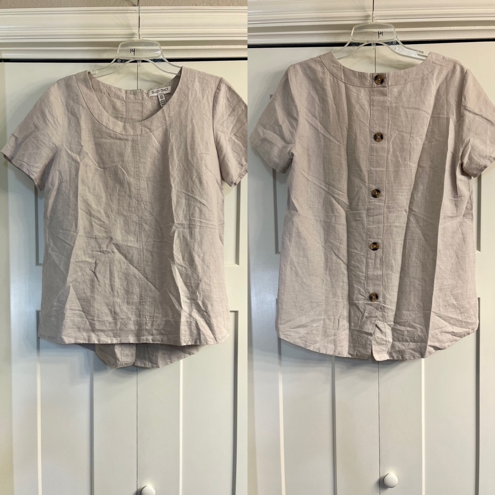 Ellen Tracy Oatmeal Color Button Trim Linen Blend Shirt Blouse